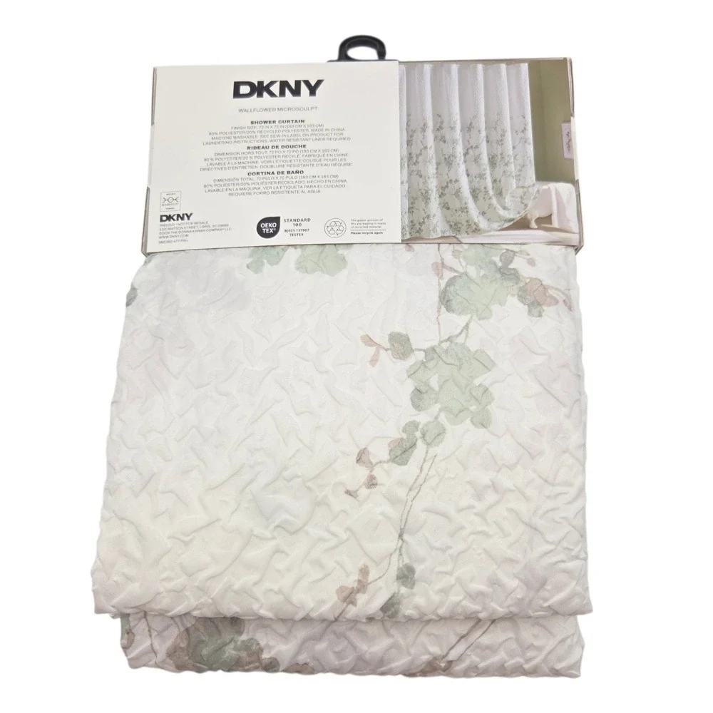 DKNY Wallflower Microsculpt Shower Curtain White Green Floral 72x72 NEW